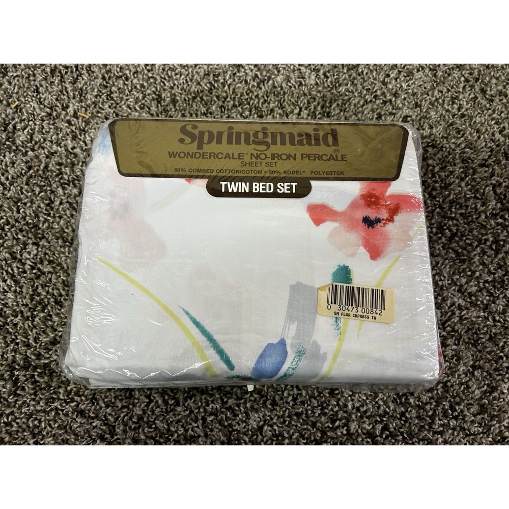 Vintage Twin 80's Abstract Floral Springmaid  No Iron Sheet Set Cotton Polyester